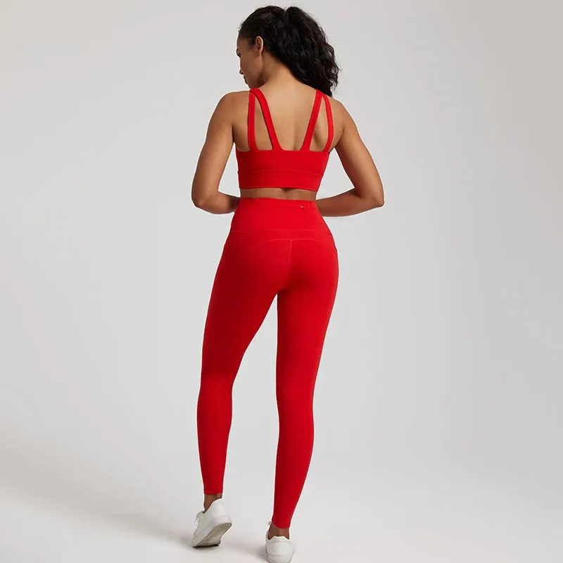 Women's Buttery Soft Yoga Tracksuit Set with Pocket - Stretch High Waist Crop Top Bra and Workout Leggings
