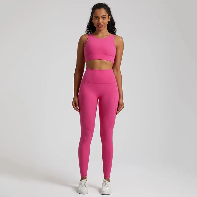 Women's Buttery Soft Yoga Tracksuit Set with Pocket - Stretch High Waist Crop Top Bra and Workout Leggings
