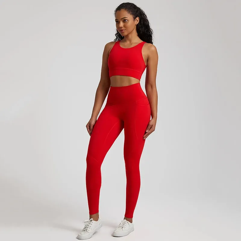 Women's Buttery Soft Yoga Tracksuit Set with Pocket - Stretch High Waist Crop Top Bra and Workout Leggings