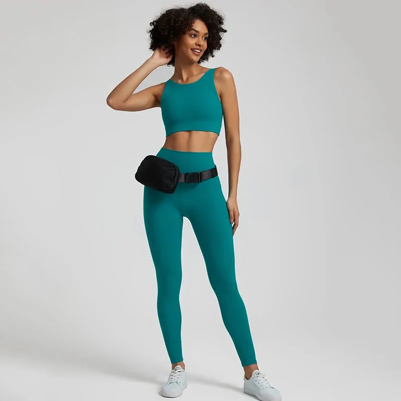 Women's Buttery Soft Yoga Tracksuit Set with Pocket - Stretch High Waist Crop Top Bra and Workout Leggings