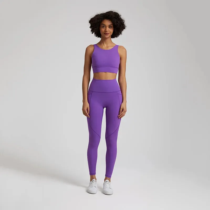 Women's Buttery Soft Yoga Tracksuit Set with Pocket - Stretch High Waist Crop Top Bra and Workout Leggings