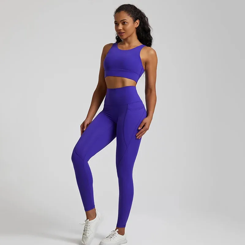 Women's Buttery Soft Yoga Tracksuit Set with Pocket - Stretch High Waist Crop Top Bra and Workout Leggings