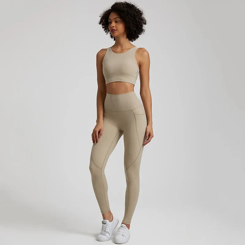 Women's Buttery Soft Yoga Tracksuit Set with Pocket - Stretch High Waist Crop Top Bra and Workout Leggings