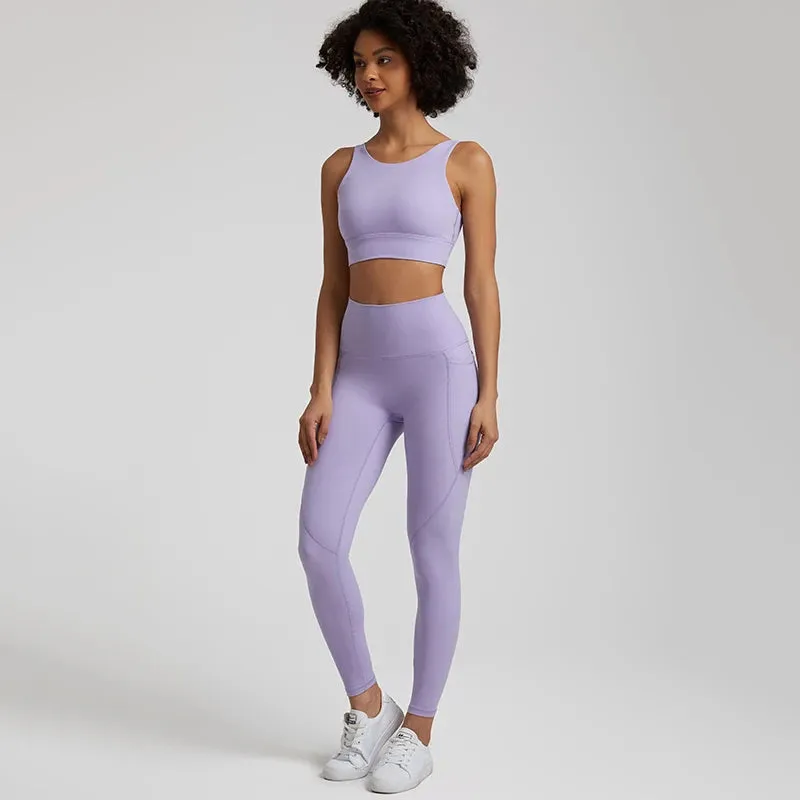 Women's Buttery Soft Yoga Tracksuit Set with Pocket - Stretch High Waist Crop Top Bra and Workout Leggings