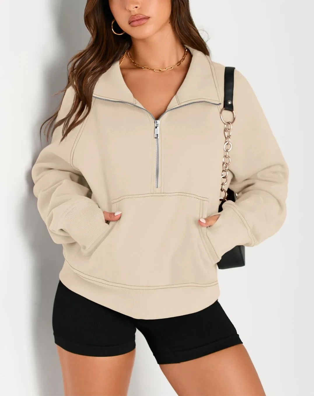 Women's Half Zip Cropped Sweatshirt With Thumb Holes (Buy 2 Free Shipping)