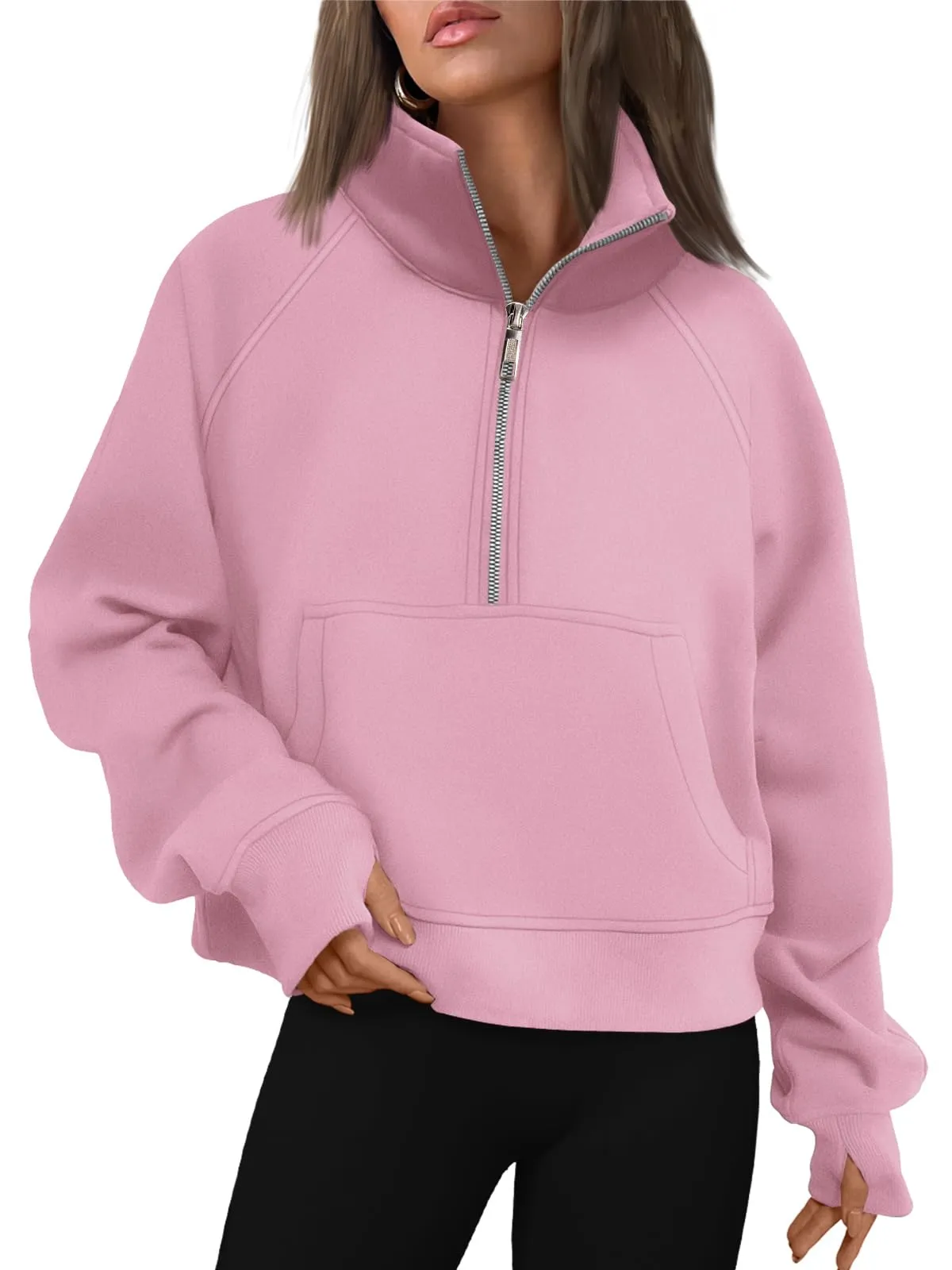 Women's Half Zip Cropped Sweatshirt With Thumb Holes (Buy 2 Free Shipping)