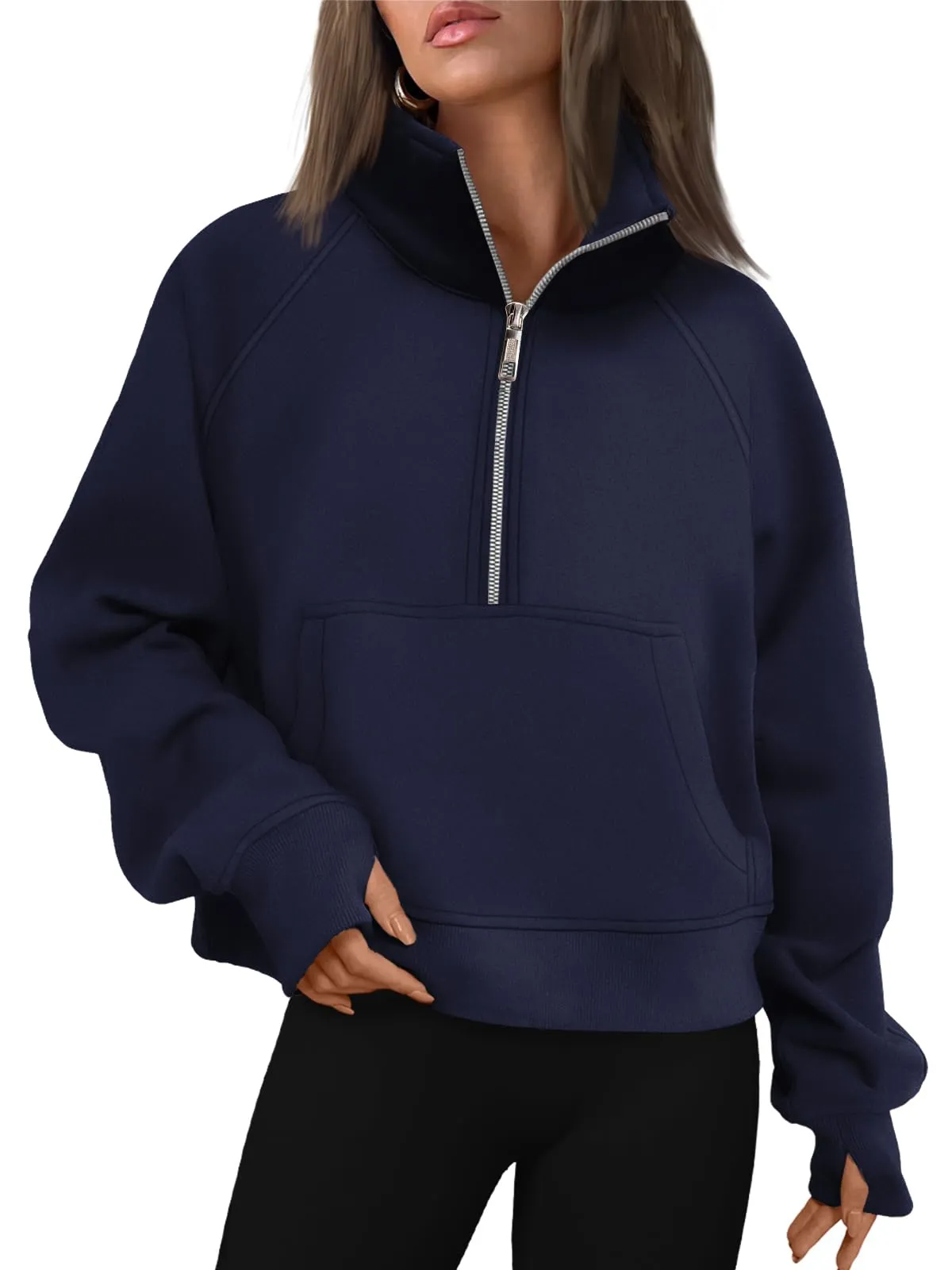 Women's Half Zip Cropped Sweatshirt With Thumb Holes (Buy 2 Free Shipping)