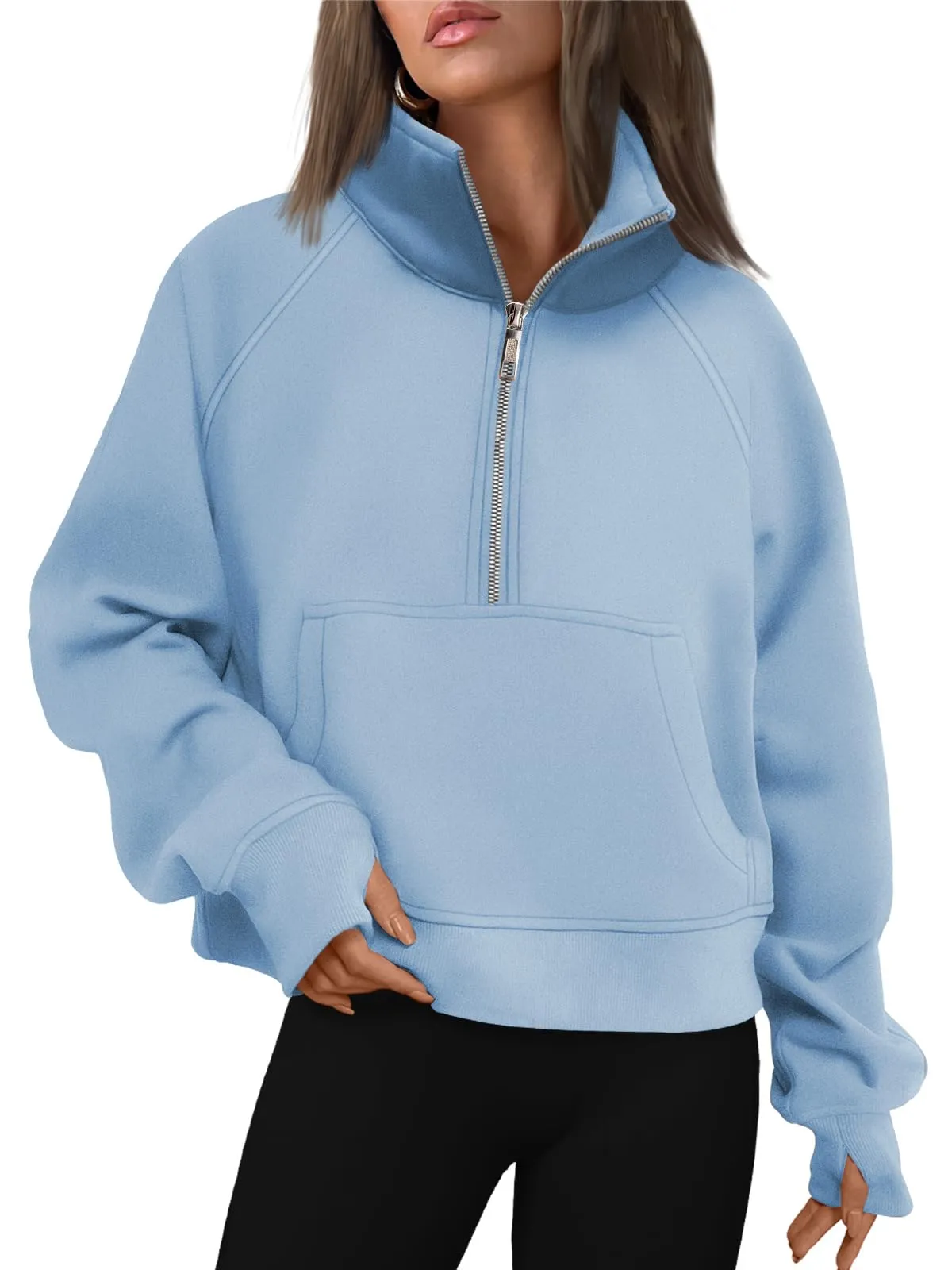 Women's Half Zip Cropped Sweatshirt With Thumb Holes (Buy 2 Free Shipping)