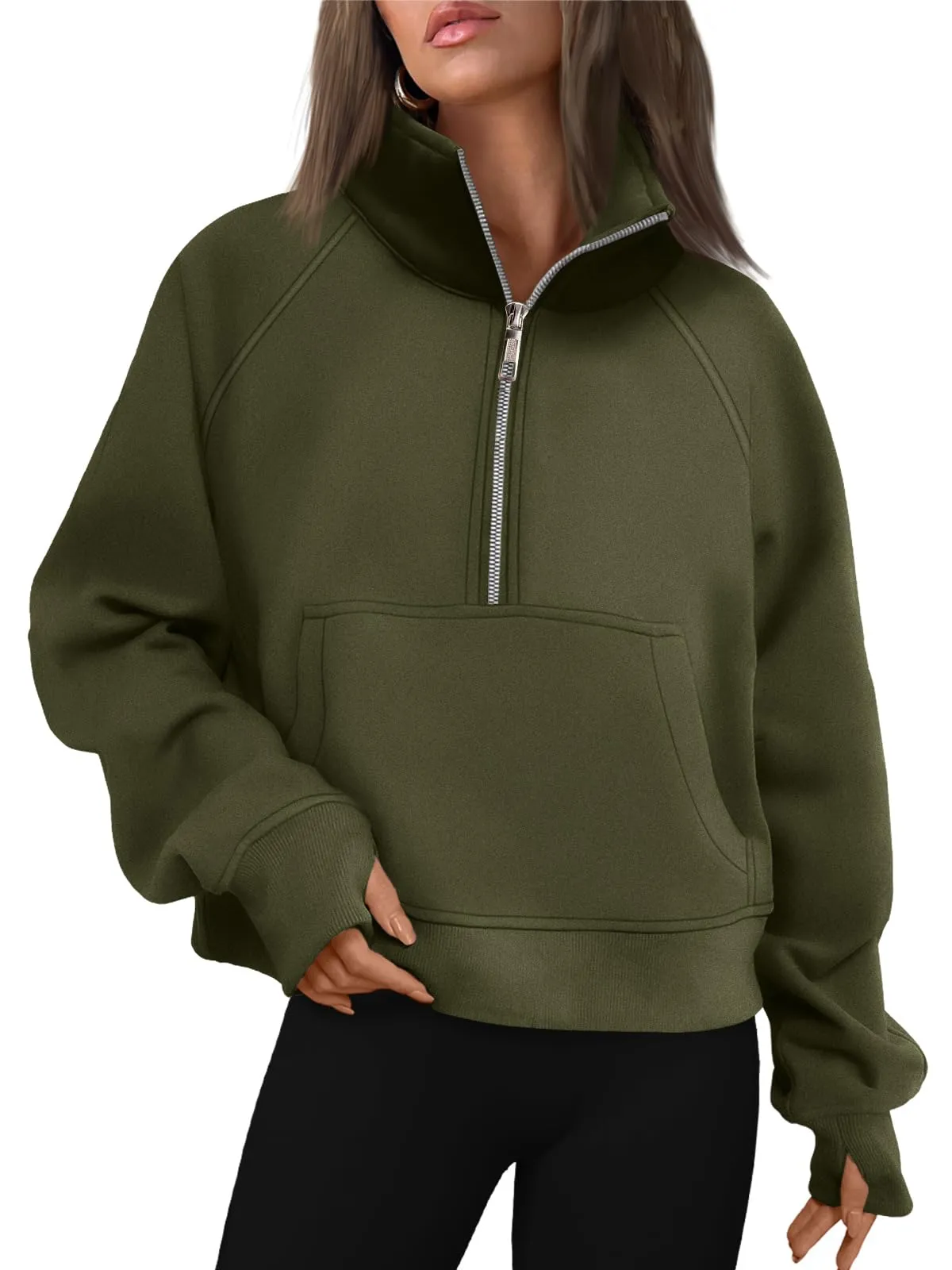 Women's Half Zip Cropped Sweatshirt With Thumb Holes (Buy 2 Free Shipping)