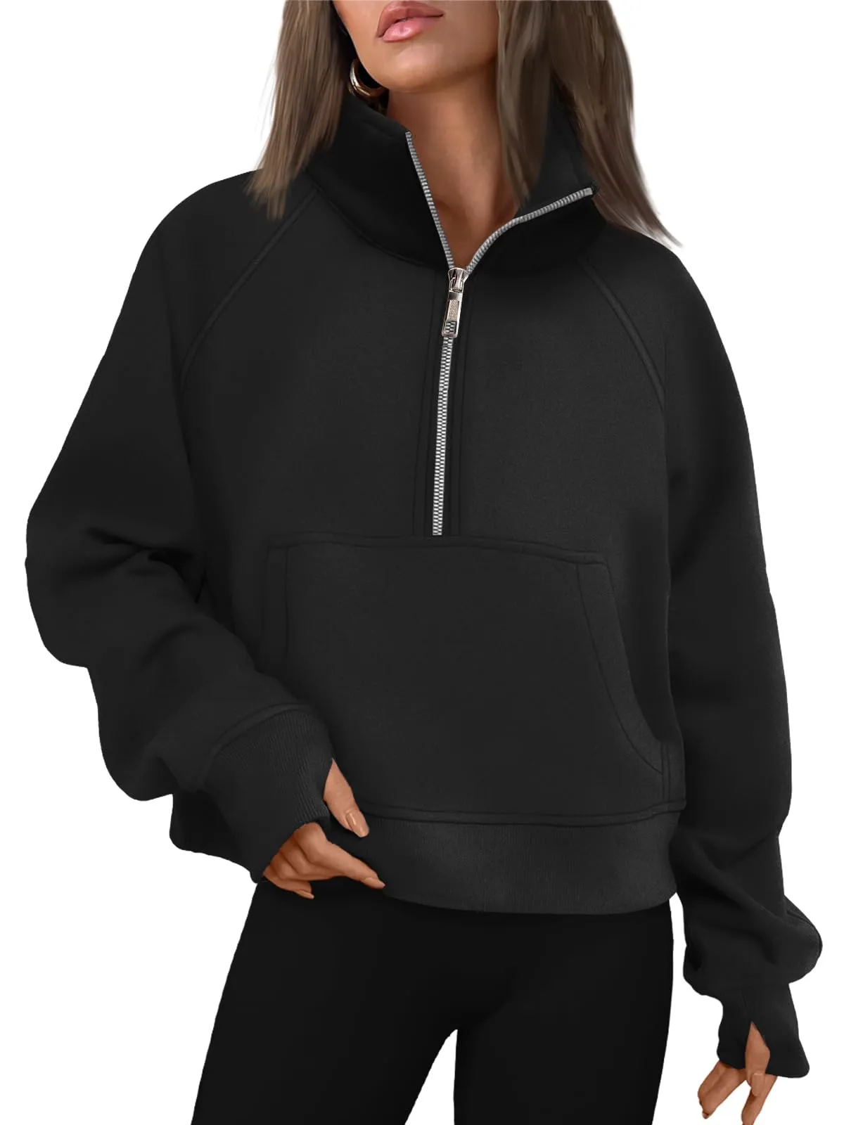 Women's Half Zip Cropped Sweatshirt With Thumb Holes (Buy 2 Free Shipping)