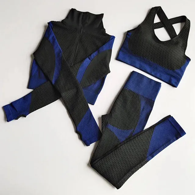 Women's Long Sleeve Yoga Set - Zippered Crop Top and High Waist Leggings
