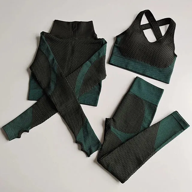 Women's Long Sleeve Yoga Set - Zippered Crop Top and High Waist Leggings