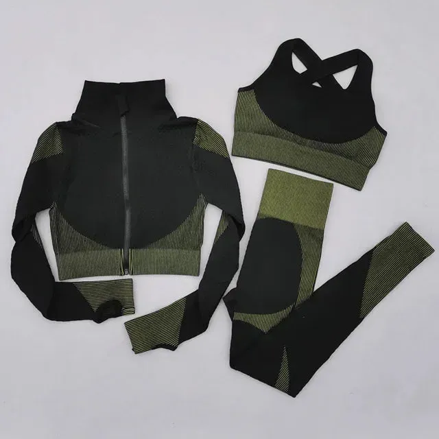Women's Long Sleeve Yoga Set - Zippered Crop Top and High Waist Leggings