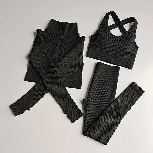 Women's Long Sleeve Yoga Set - Zippered Crop Top and High Waist Leggings