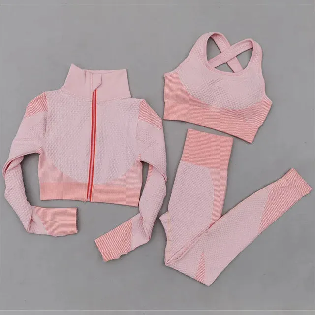 Women's Long Sleeve Yoga Set - Zippered Crop Top and High Waist Leggings