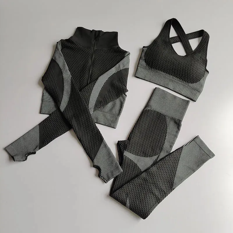 Women's Long Sleeve Yoga Set - Zippered Crop Top and High Waist Leggings