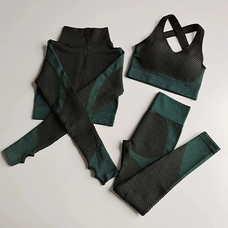 Women's Long Sleeve Yoga Set - Zippered Crop Top and High Waist Leggings