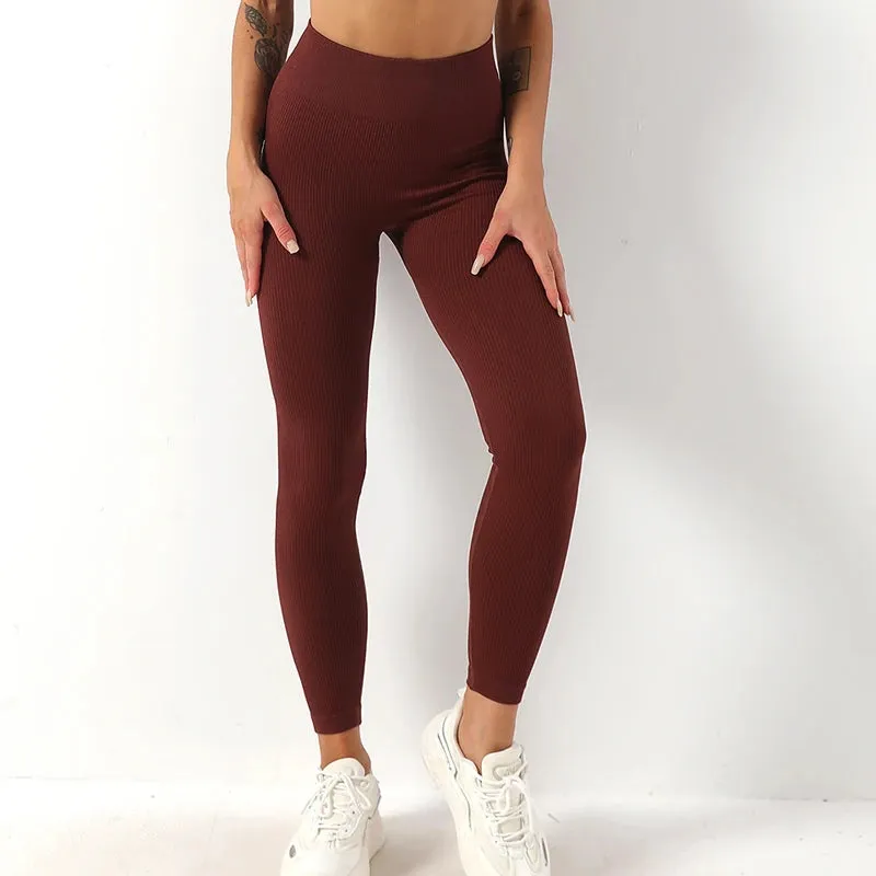 Women's Ribbed Seamless High Waisted Yoga Pants - Push Up Leggings for Gym and Yoga