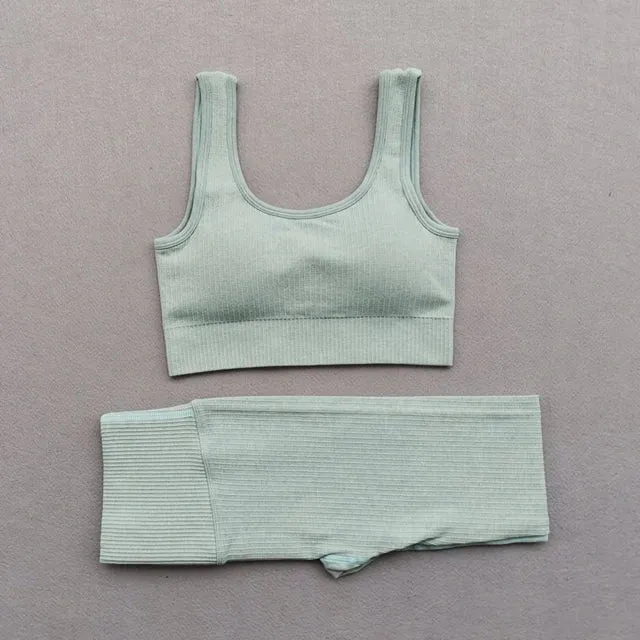 Women's Seamless Yoga Sets - Running Gym Leggings, Sports Bra, Long Sleeve Crop Top, High Waist Fitness Sports Suit, Workout Clothes