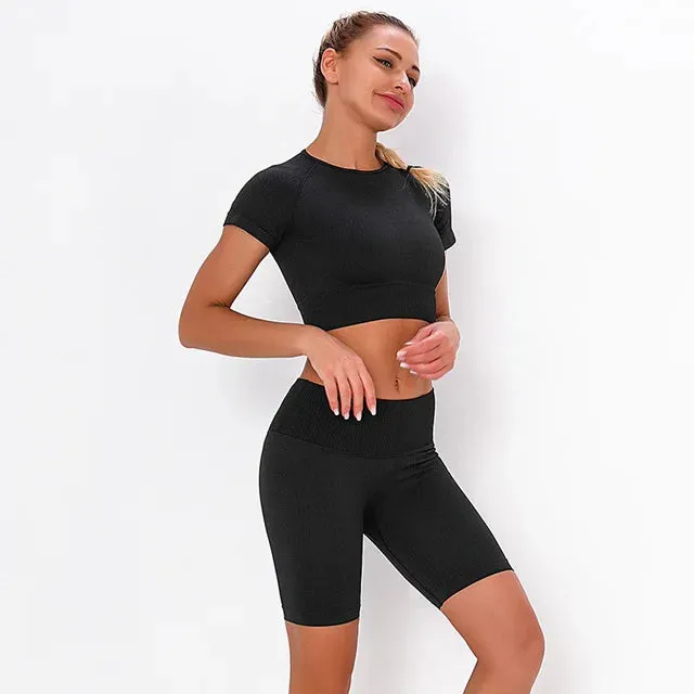 Women's Seamless Yoga Sets - Running Gym Leggings, Sports Bra, Long Sleeve Crop Top, High Waist Fitness Sports Suit, Workout Clothes