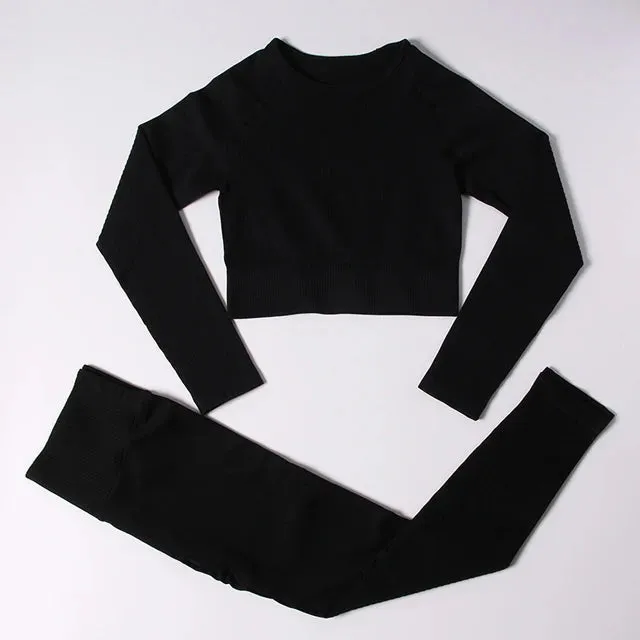 Women's Seamless Yoga Sets - Running Gym Leggings, Sports Bra, Long Sleeve Crop Top, High Waist Fitness Sports Suit, Workout Clothes