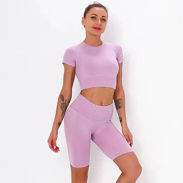 Women's Seamless Yoga Sets - Running Gym Leggings, Sports Bra, Long Sleeve Crop Top, High Waist Fitness Sports Suit, Workout Clothes