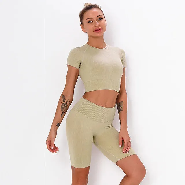 Women's Seamless Yoga Sets - Running Gym Leggings, Sports Bra, Long Sleeve Crop Top, High Waist Fitness Sports Suit, Workout Clothes