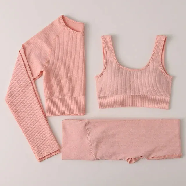 Women's Seamless Yoga Sets - Running Gym Leggings, Sports Bra, Long Sleeve Crop Top, High Waist Fitness Sports Suit, Workout Clothes