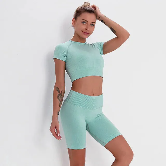 Women's Seamless Yoga Sets - Running Gym Leggings, Sports Bra, Long Sleeve Crop Top, High Waist Fitness Sports Suit, Workout Clothes