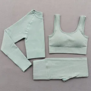 Women's Seamless Yoga Sets - Running Gym Leggings, Sports Bra, Long Sleeve Crop Top, High Waist Fitness Sports Suit, Workout Clothes