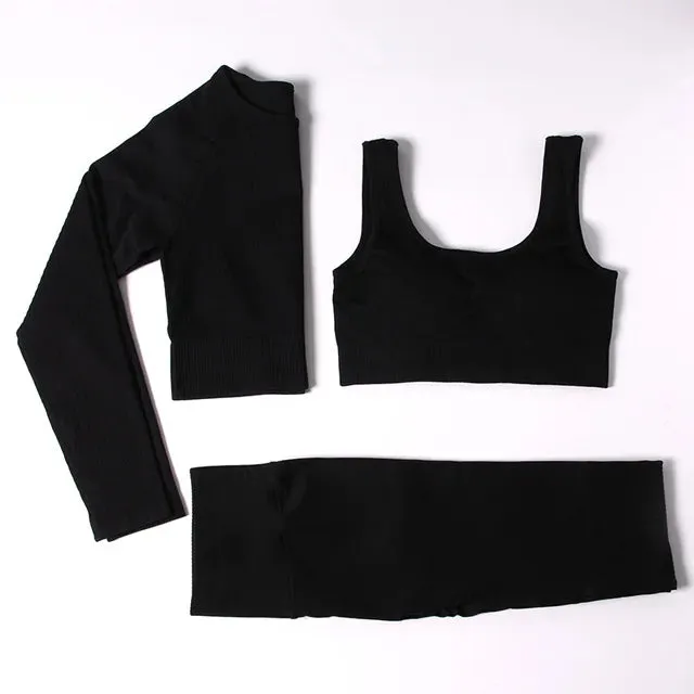 Women's Seamless Yoga Sets - Running Gym Leggings, Sports Bra, Long Sleeve Crop Top, High Waist Fitness Sports Suit, Workout Clothes