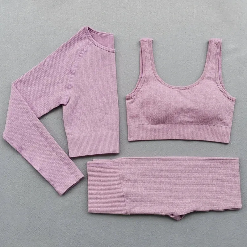 Women's Seamless Yoga Sets - Running Gym Leggings, Sports Bra, Long Sleeve Crop Top, High Waist Fitness Sports Suit, Workout Clothes