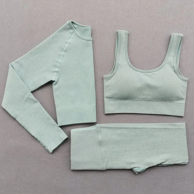 Women's Seamless Yoga Sets - Running Gym Leggings, Sports Bra, Long Sleeve Crop Top, High Waist Fitness Sports Suit, Workout Clothes
