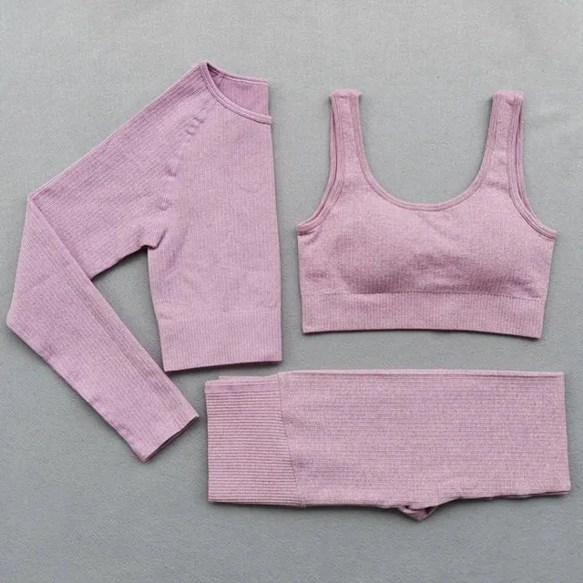 Women's Seamless Yoga Sets - Running Gym Leggings, Sports Bra, Long Sleeve Crop Top, High Waist Fitness Sports Suit, Workout Clothes