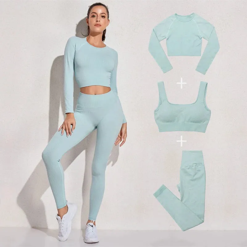 Women's Seamless Yoga Sets - Running Gym Leggings, Sports Bra, Long Sleeve Crop Top, High Waist Fitness Sports Suit, Workout Clothes