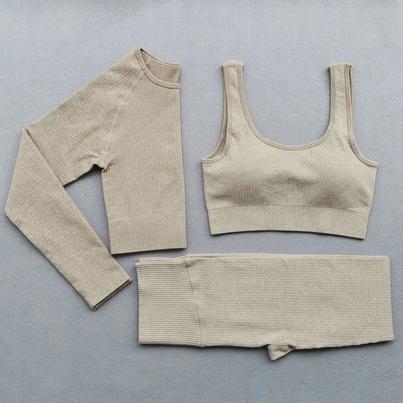 Women's Seamless Yoga Sets - Running Gym Leggings, Sports Bra, Long Sleeve Crop Top, High Waist Fitness Sports Suit, Workout Clothes